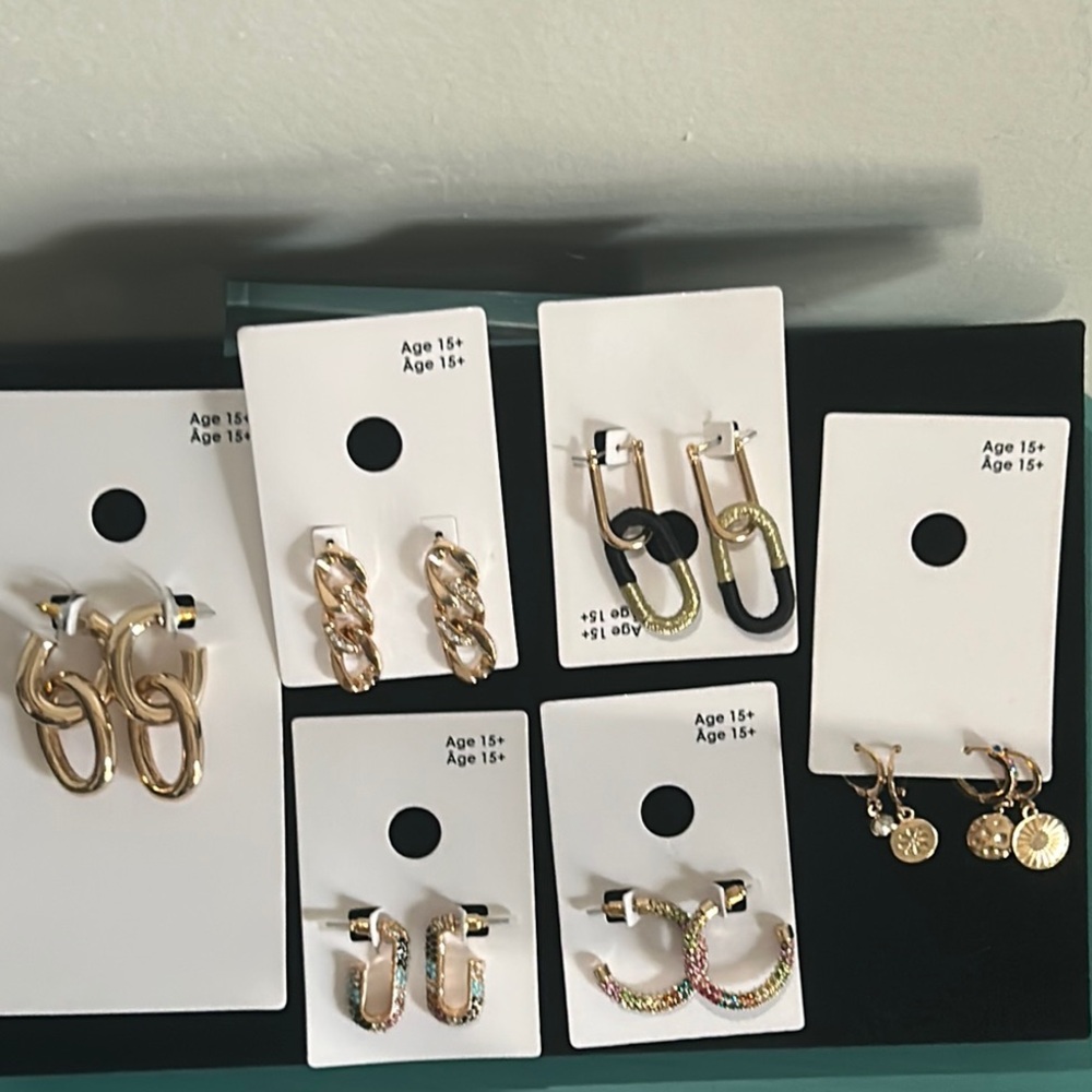 Colorful Lot of Gold and Rhinestone Earrings Sets - Drop Hoop Link Style 7 Pairs